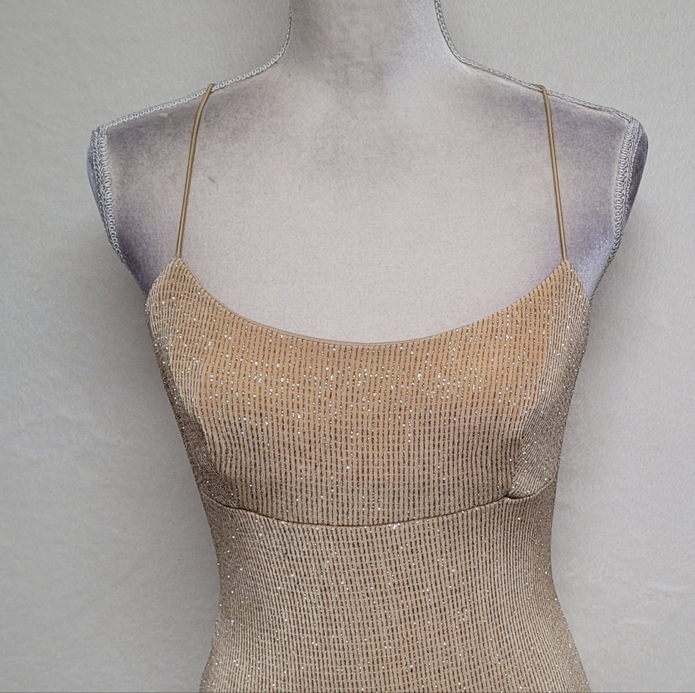 80s Vintage City Triangles Gold Metallic Knit Strappy Backless Slit Maxi Dress M - Picture 5 of 14